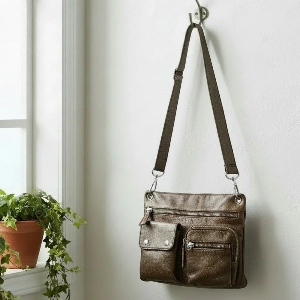 Fossil Sutter Bronze Metallic Leather Crossbody Bag Utility Cargo Messenger